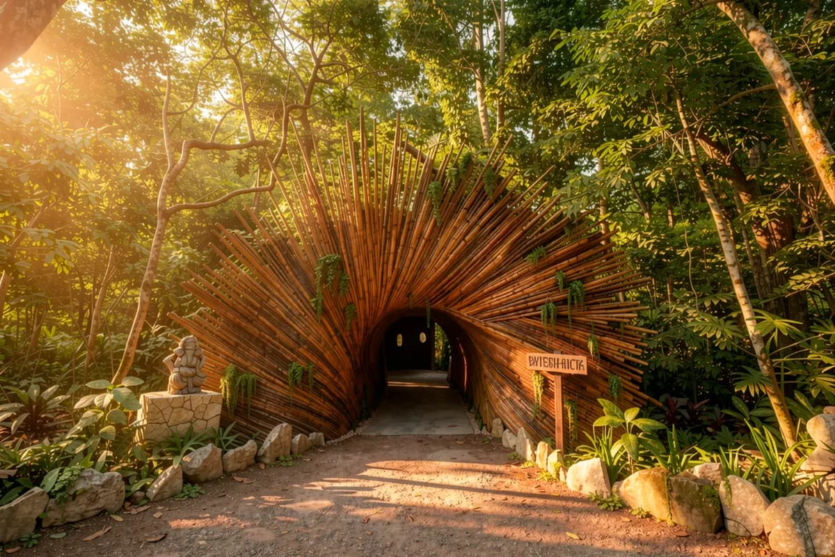 Túnel de bambú al atardecer dorado