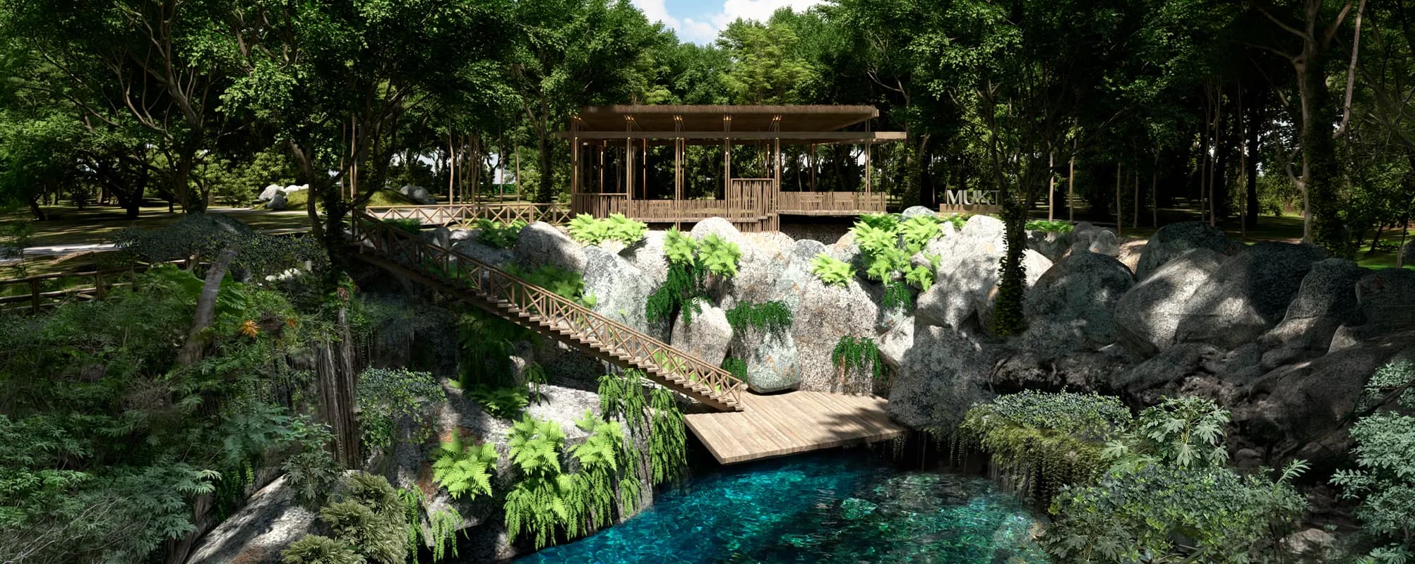 Cenote con palapa y agua turquesa